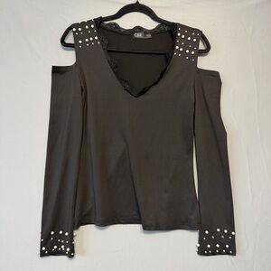 CBR Womens Fairy Grunge Cold Shoulder Pearl Top Size M Black Lace Trim Goth